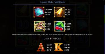 Luxury Club – Vip Room: Payout table